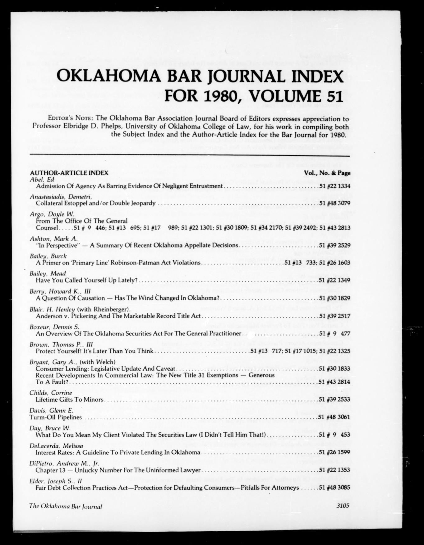 The Oklahoma Bar Journal 1980: Vol 51 Index : Free Download 